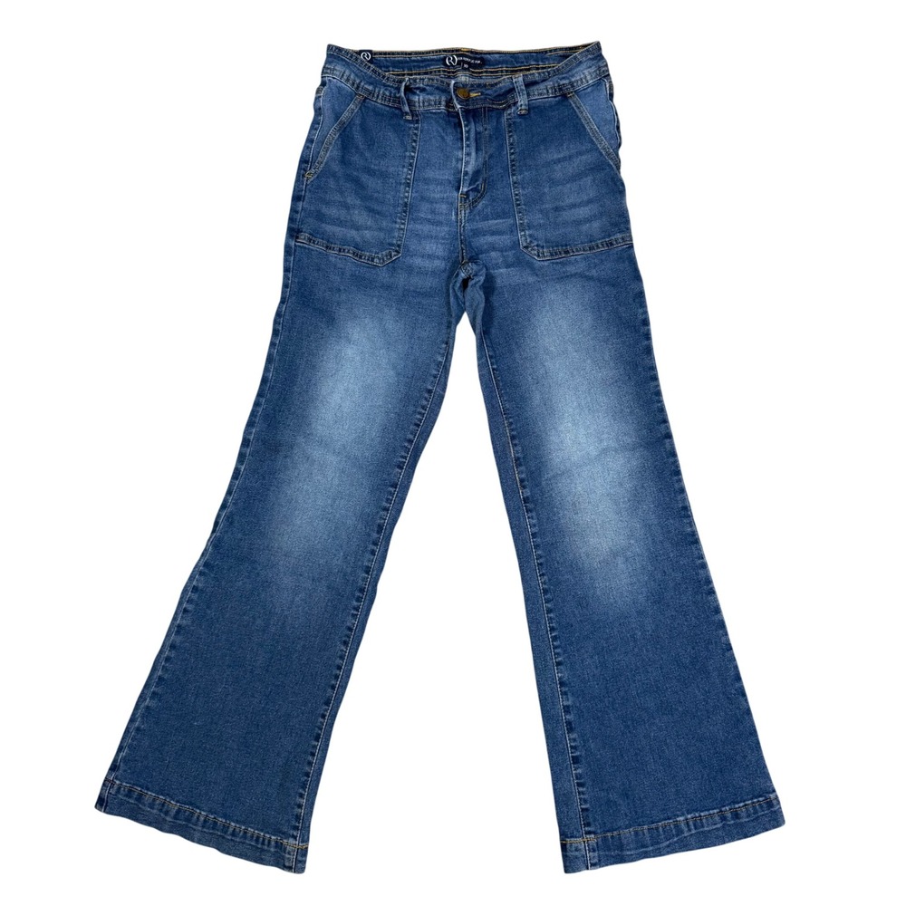 Boho Streetwear Flare Leg Front Packet Pocket Medium Wash Denim Jeans Size 10